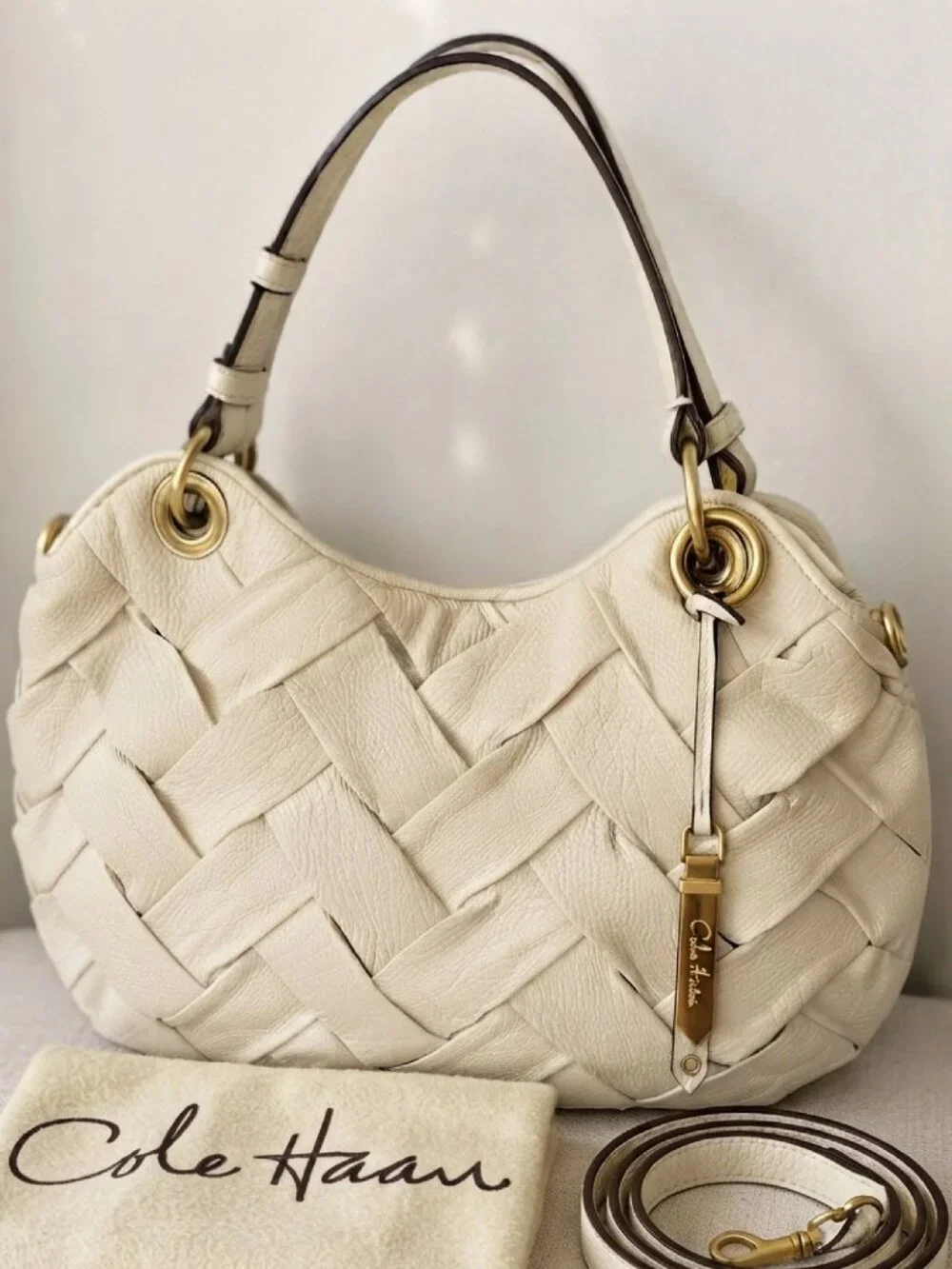 Cole Haan Prudence Woven Ivory Leather Lrg Vintage Hobo w/Strap & Dust Bag – EUC